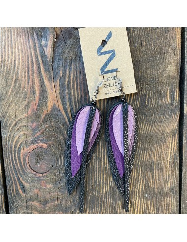 Leather Earrings  - Small Leaves - Purple & Black