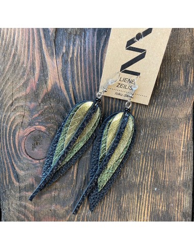 Leather Earrings  - Small Leaves - Black, Shiny Green & Gold