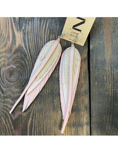 Leather Earrings  - Large Leaves - Pink & Gold