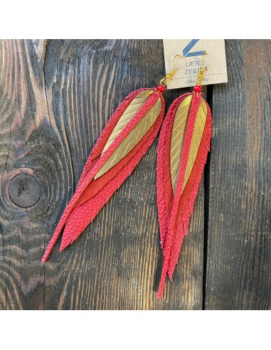 Leather Earrings  - Large Leaves - Red & Gold