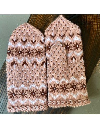 Hand-knitted Women's Wool Mittens, Light Brown & White