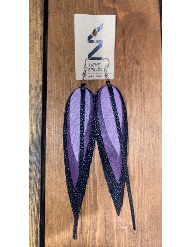 Ādas auskari - Lielās Lapiņas - violetie toņi ar melnu