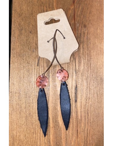 Leather Earrings - Leaves with Pink Crystals